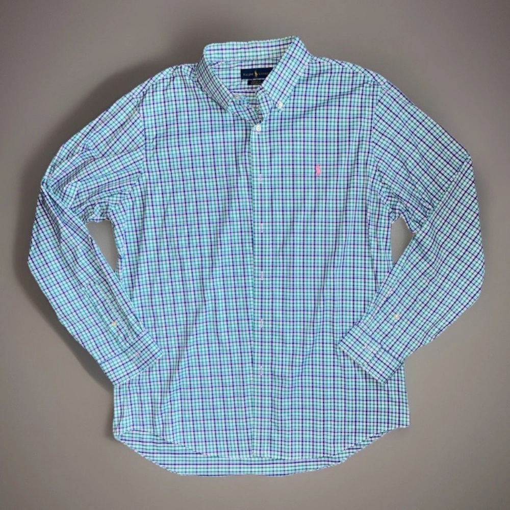 Men’s POLO RALPH LAUREN Classic Fit Performance Blue Plaid Oxford Shirt | XL